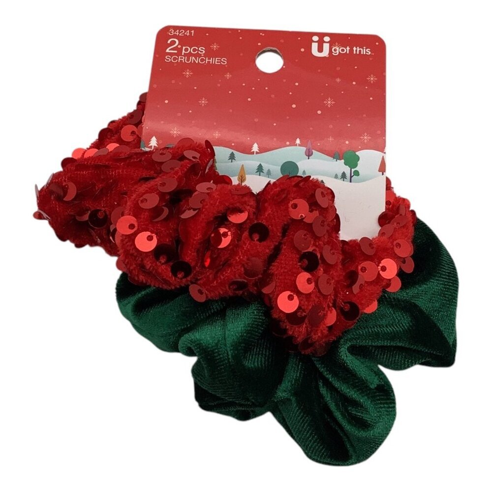 Scunci Holiday Hair Scrunchies 2 Pcs Green Satin & Red Sequin Christmas